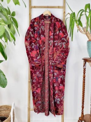 Luxury Velvet House Robe Unisex Kimono Boho Jacket Indian Silk Lined Exotic Christmas Love Classic Gift Elegant | Rich Chic Wine Maroon Red - Image 3