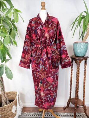 Luxury Velvet House Robe Unisex Kimono Boho Jacket Indian Silk Lined Exotic Christmas Love Classic Gift Elegant | Rich Chic Wine Maroon Red - Image 4