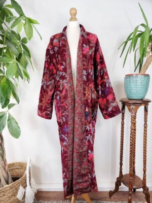 Luxury Velvet House Robe Unisex Kimono Boho Jacket Indian Silk Lined Exotic Christmas Love Classic Gift Elegant | Rich Chic Wine Maroon Red - Image 8