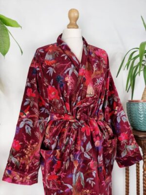 Luxury Velvet House Robe Unisex Kimono Boho Jacket Indian Silk Lined Exotic Christmas Love Classic Gift Elegant | Rich Chic Wine Maroon Red - Image 9