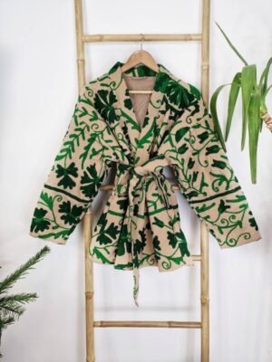Suzani Hand Embroidered Short Jacket | Autumn Winter Boho Kashmir Crewel | Valentine Special Gift | Classic Elegant Beige EmeraldGreen - Image 2