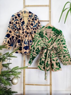Suzani Hand Embroidered Short Jacket | Autumn Winter Boho Kashmir Crewel | Valentine Special Gift | Classic Elegant Beige EmeraldGreen - Image 3