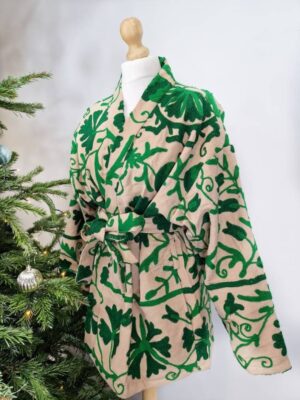 Suzani Hand Embroidered Short Jacket | Autumn Winter Boho Kashmir Crewel | Valentine Special Gift | Classic Elegant Beige EmeraldGreen - Image 4