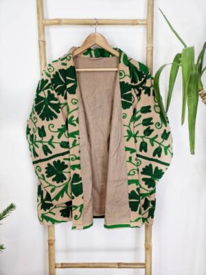 Suzani Hand Embroidered Short Jacket | Autumn Winter Boho Kashmir Crewel | Valentine Special Gift | Classic Elegant Beige EmeraldGreen - Image 5