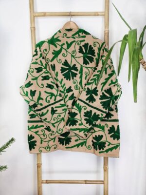 Suzani Hand Embroidered Short Jacket | Autumn Winter Boho Kashmir Crewel | Valentine Special Gift | Classic Elegant Beige EmeraldGreen - Image 6
