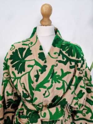 Suzani Hand Embroidered Short Jacket | Autumn Winter Boho Kashmir Crewel | Valentine Special Gift | Classic Elegant Beige EmeraldGreen - Image 7