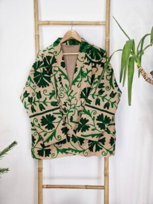 Suzani Hand Embroidered Short Jacket | Autumn Winter Boho Kashmir Crewel | Valentine Special Gift | Classic Elegant Beige EmeraldGreen - Image 8