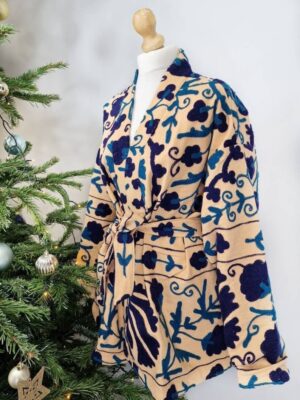 Suzani Hand Embroidered Short Jacket | Autumn Winter Boho Kashmir Crewel | Valentine Special Gift | Classic Elegant Beige Teal Navy - Image 2