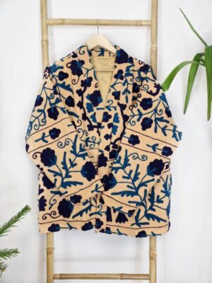 Suzani Hand Embroidered Short Jacket | Autumn Winter Boho Kashmir Crewel | Valentine Special Gift | Classic Elegant Beige Teal Navy - Image 4