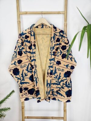 Suzani Hand Embroidered Short Jacket | Autumn Winter Boho Kashmir Crewel | Valentine Special Gift | Classic Elegant Beige Teal Navy - Image 5