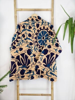 Suzani Hand Embroidered Short Jacket | Autumn Winter Boho Kashmir Crewel | Valentine Special Gift | Classic Elegant Beige Teal Navy - Image 6