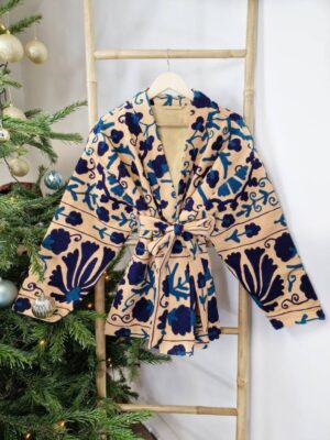 Suzani Hand Embroidered Short Jacket | Autumn Winter Boho Kashmir Crewel | Valentine Special Gift | Classic Elegant Beige Teal Navy - Image 7