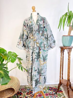 Luxury Velvet House Robe Unisex Kimono Robe Boho Jacket Cotton Lined Quirky Warm Cosy Gift Exotic Grey Black Safari Cheetah Bird Jungle Love - Image 3
