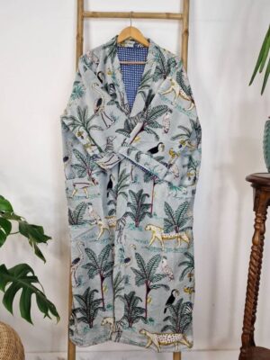 Luxury Velvet House Robe Unisex Kimono Robe Boho Jacket Cotton Lined Quirky Warm Cosy Gift Exotic Grey Black Safari Cheetah Bird Jungle Love - Image 4
