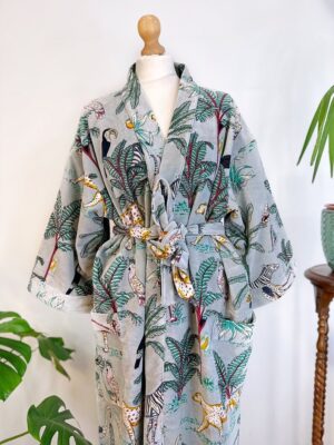 Luxury Velvet House Robe Unisex Kimono Robe Boho Jacket Cotton Lined Quirky Warm Cosy Gift Exotic Grey Black Safari Cheetah Bird Jungle Love - Image 5
