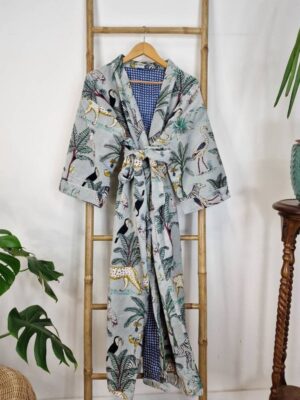 Luxury Velvet House Robe Unisex Kimono Robe Boho Jacket Cotton Lined Quirky Warm Cosy Gift Exotic Grey Black Safari Cheetah Bird Jungle Love - Image 6
