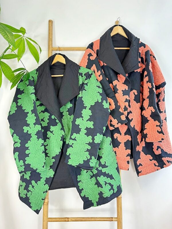 Suzani Hand Embroidered Unisex Long Waterfall Overcoat Jacket | Autumn Winter Luxury Artisan Special Gift | Classic Black Forest Green Ikat