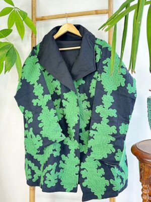 Suzani Hand Embroidered Unisex Long Waterfall Overcoat Jacket | Autumn Winter Luxury Artisan Special Gift | Classic Black Forest Green Ikat - Image 2