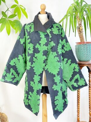 Suzani Hand Embroidered Unisex Long Waterfall Overcoat Jacket | Autumn Winter Luxury Artisan Special Gift | Classic Black Forest Green Ikat - Image 3