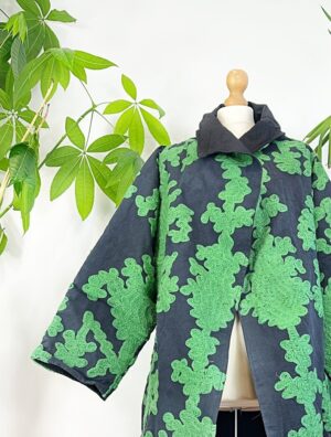 Suzani Hand Embroidered Unisex Long Waterfall Overcoat Jacket | Autumn Winter Luxury Artisan Special Gift | Classic Black Forest Green Ikat - Image 4