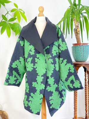 Suzani Hand Embroidered Unisex Long Waterfall Overcoat Jacket | Autumn Winter Luxury Artisan Special Gift | Classic Black Forest Green Ikat - Image 5