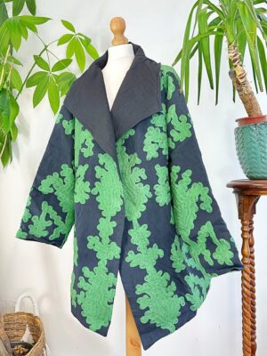 Suzani Hand Embroidered Unisex Long Waterfall Overcoat Jacket | Autumn Winter Luxury Artisan Special Gift | Classic Black Forest Green Ikat - Image 6