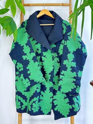 Suzani Hand Embroidered Unisex Long Waterfall Overcoat Jacket | Autumn Winter Luxury Artisan Special Gift | Classic Black Forest Green Ikat - Image 7