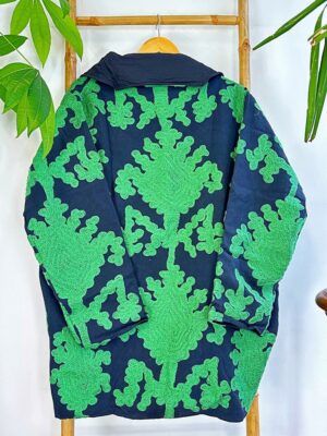 Suzani Hand Embroidered Unisex Long Waterfall Overcoat Jacket | Autumn Winter Luxury Artisan Special Gift | Classic Black Forest Green Ikat - Image 8