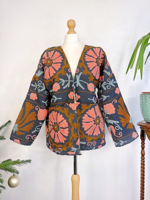 Suzani Hand Embroidered Short Jacket Bolero | Winter Boho Luxury Love | Christmas Special Gift | Navy Blue Peach Sherpa Wool Warm
