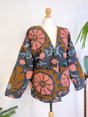 Suzani Hand Embroidered Short Jacket Bolero | Winter Boho Luxury Love | Christmas Special Gift | Navy Blue Peach Sherpa Wool Warm - Image 2