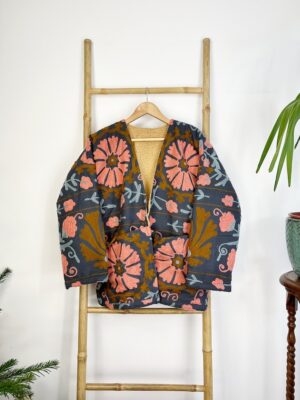 Suzani Hand Embroidered Short Jacket Bolero | Winter Boho Luxury Love | Christmas Special Gift | Navy Blue Peach Sherpa Wool Warm - Image 3