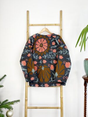 Suzani Hand Embroidered Short Jacket Bolero | Winter Boho Luxury Love | Christmas Special Gift | Navy Blue Peach Sherpa Wool Warm - Image 4