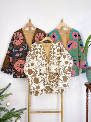 Suzani Hand Embroidered Short Jacket Bolero | Winter Boho Luxury Love | Christmas Special Gift | Navy Blue Peach Sherpa Wool Warm - Image 5