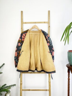 Suzani Hand Embroidered Short Jacket Bolero | Winter Boho Luxury Love | Christmas Special Gift | Navy Blue Peach Sherpa Wool Warm - Image 6
