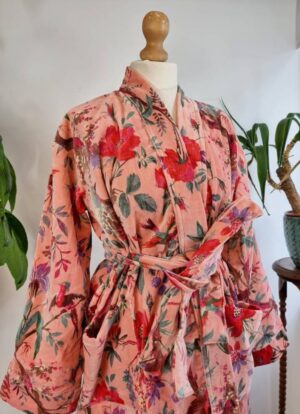 Luxury Velvet House Robe Unisex Kimono Boho Jacket Reversible Indian Silk Lined Winter Gift Quirky Soft Peach Birds Paradise Exotic Love - Image 2