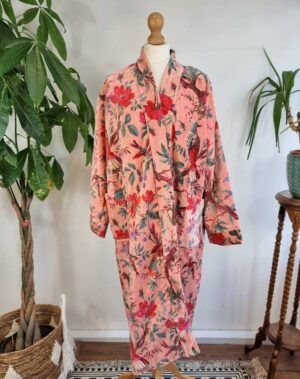 Luxury Velvet House Robe Unisex Kimono Boho Jacket Reversible Indian Silk Lined Winter Gift Quirky Soft Peach Birds Paradise Exotic Love - Image 5