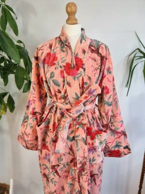 Luxury Velvet House Robe Unisex Kimono Boho Jacket Reversible Indian Silk Lined Winter Gift Quirky Soft Peach Birds Paradise Exotic Love - Image 7