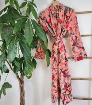 Luxury Velvet House Robe Unisex Kimono Boho Jacket Reversible Indian Silk Lined Winter Gift Quirky Soft Peach Birds Paradise Exotic Love - Image 8