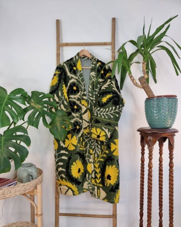 Velvet Suzani ArtisanHand Embroidered Long Jacket | Spring Elegant Boho Gypsy | Luxury Special Gift | Olive Green Black Yellow Cream Bloom