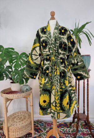 Velvet Suzani ArtisanHand Embroidered Long Jacket | Spring Elegant Boho Gypsy | Luxury Special Gift | Olive Green Black Yellow Cream Bloom - Image 2