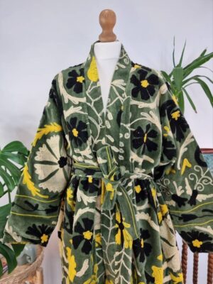 Velvet Suzani ArtisanHand Embroidered Long Jacket | Spring Elegant Boho Gypsy | Luxury Special Gift | Olive Green Black Yellow Cream Bloom - Image 3