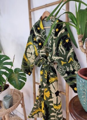 Velvet Suzani ArtisanHand Embroidered Long Jacket | Spring Elegant Boho Gypsy | Luxury Special Gift | Olive Green Black Yellow Cream Bloom - Image 4