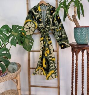 Velvet Suzani ArtisanHand Embroidered Long Jacket | Spring Elegant Boho Gypsy | Luxury Special Gift | Olive Green Black Yellow Cream Bloom - Image 5