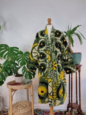 Velvet Suzani ArtisanHand Embroidered Long Jacket | Spring Elegant Boho Gypsy | Luxury Special Gift | Olive Green Black Yellow Cream Bloom - Image 6