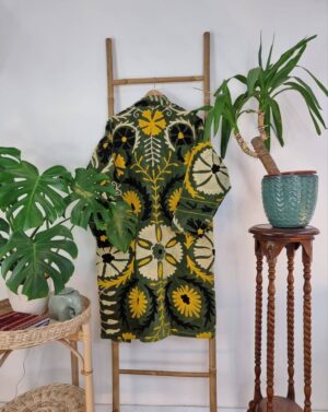 Velvet Suzani ArtisanHand Embroidered Long Jacket | Spring Elegant Boho Gypsy | Luxury Special Gift | Olive Green Black Yellow Cream Bloom - Image 7