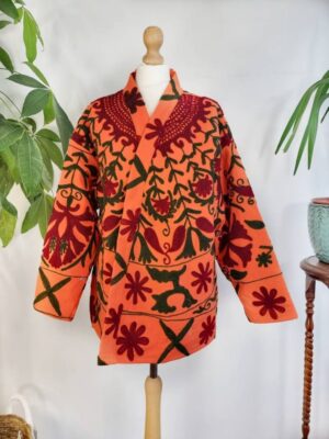 Suzani Hand Embroidered Short Jacket | Autumn Winter Boho Uzbek Kashmir Crewel | Christmas Special Gift | Quirky Orange Crush Maroon - Image 6