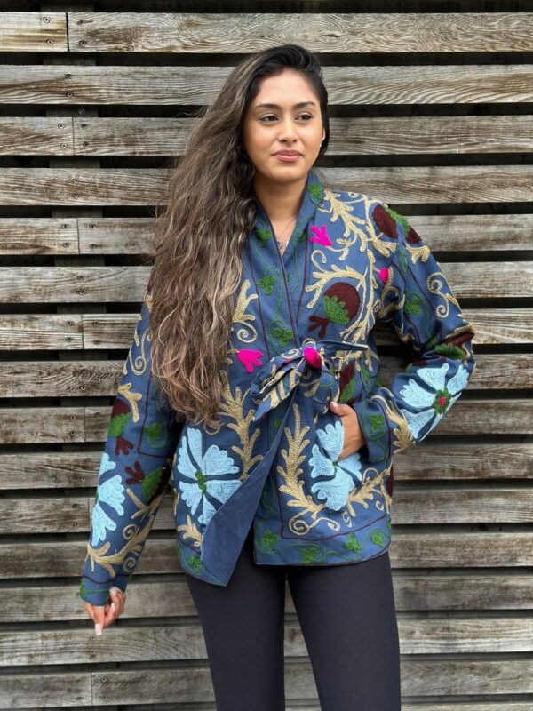 Suzani Hand Embroidered Short Bolero Front Tie Jacket Oriental | Gypsy Boho Persian | Christmas Special Gift | Blue Green Beige Pomegranate