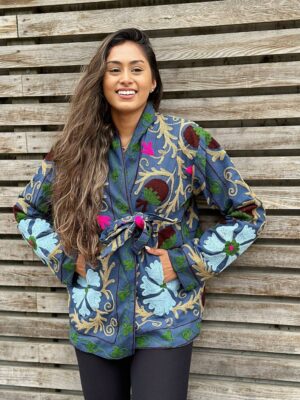 Suzani Hand Embroidered Short Bolero Front Tie Jacket Oriental | Gypsy Boho Persian | Christmas Special Gift | Blue Green Beige Pomegranate - Image 2