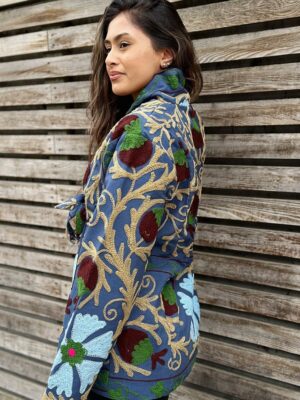 Suzani Hand Embroidered Short Bolero Front Tie Jacket Oriental | Gypsy Boho Persian | Christmas Special Gift | Blue Green Beige Pomegranate - Image 3
