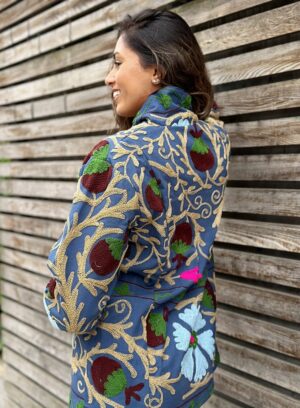 Suzani Hand Embroidered Short Bolero Front Tie Jacket Oriental | Gypsy Boho Persian | Christmas Special Gift | Blue Green Beige Pomegranate - Image 4